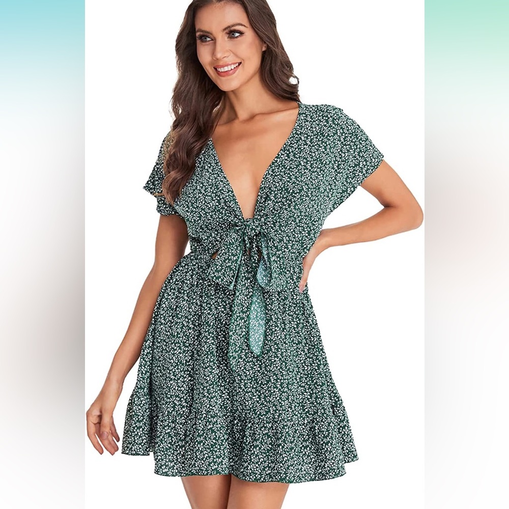 Women's Floral Tie Front Ruffle Mini Dress